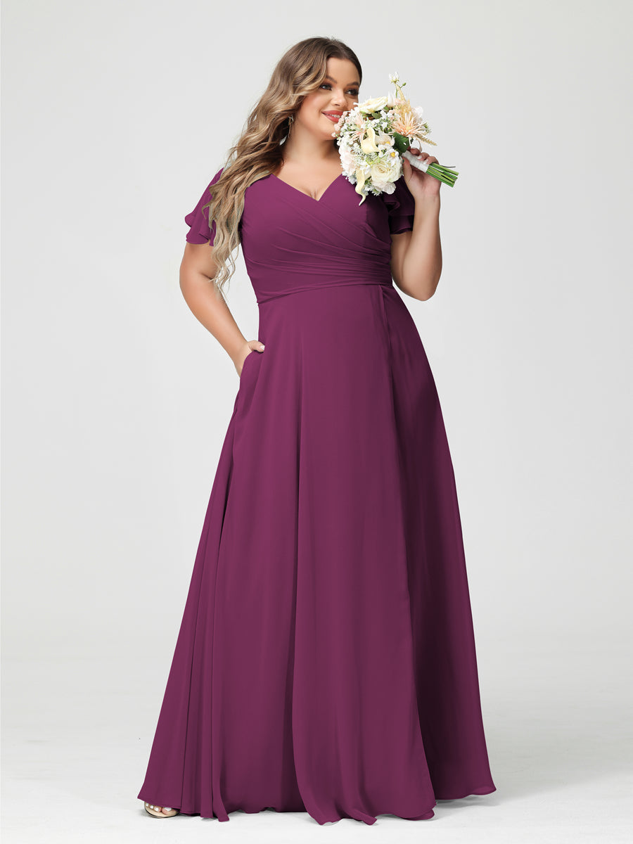 A-Line/Princess V-Neck Short Sleeves Chiffon Split Side Plus Size Bridesmaid Dresses with Pockets Orchid
