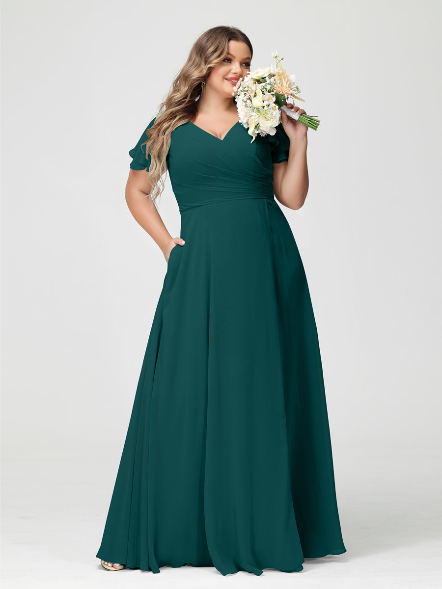 A-Line/Princess V-Neck Short Sleeves Chiffon Split Side Plus Size Bridesmaid Dresses with Pockets Peacock