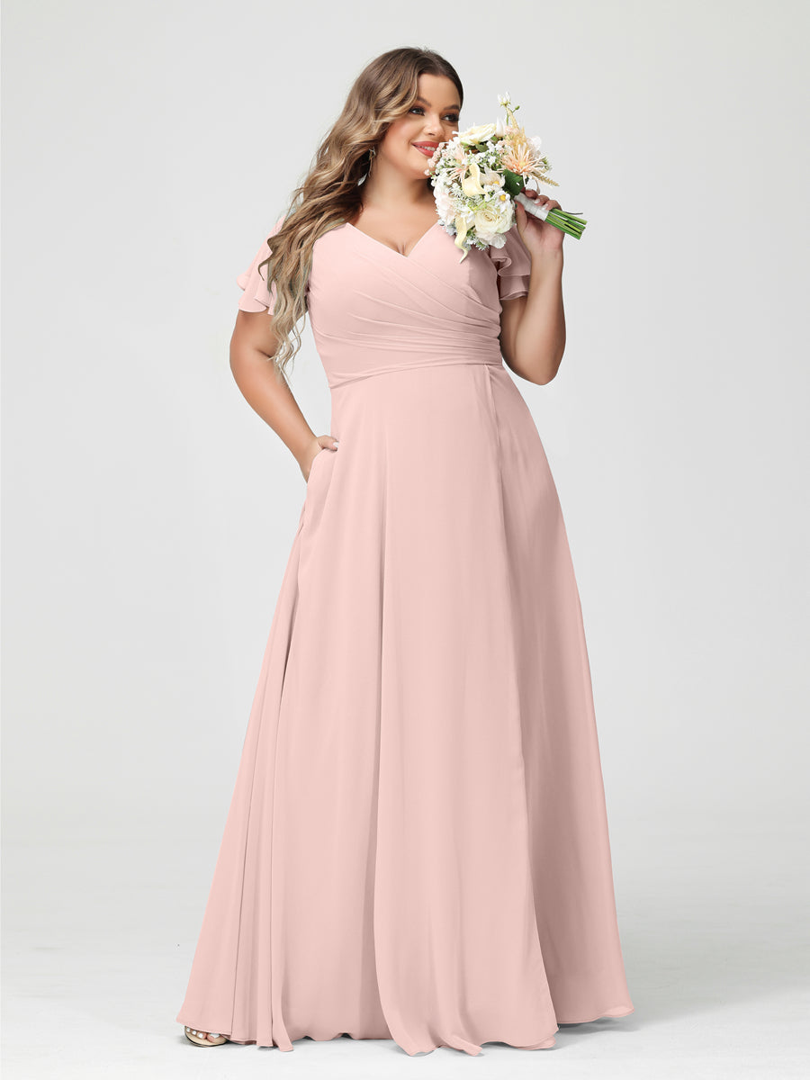 A-Line/Princess V-Neck Short Sleeves Chiffon Split Side Plus Size Bridesmaid Dresses with Pockets Pearl Pink