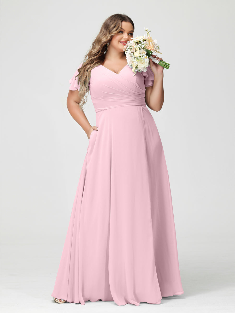 A-Line/Princess V-Neck Short Sleeves Chiffon Split Side Plus Size Bridesmaid Dresses with Pockets Pink