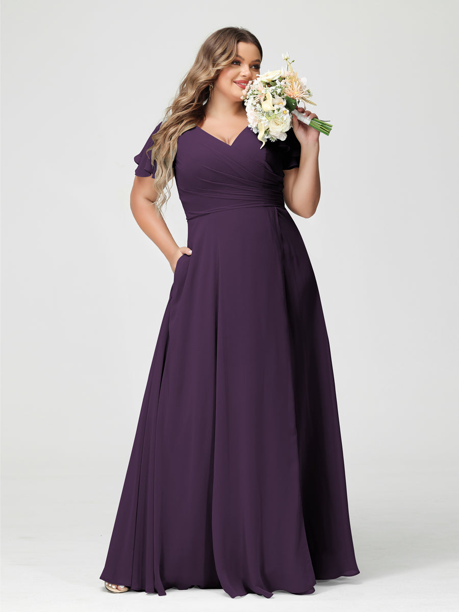 A-Line/Princess V-Neck Short Sleeves Chiffon Split Side Plus Size Bridesmaid Dresses with Pockets Plum