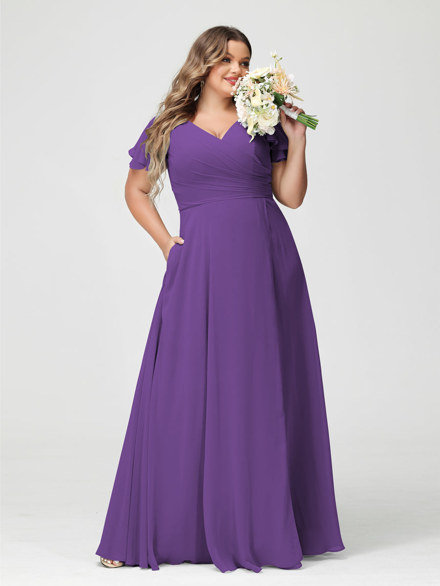 A-Line/Princess V-Neck Short Sleeves Chiffon Split Side Plus Size Bridesmaid Dresses with Pockets Purple