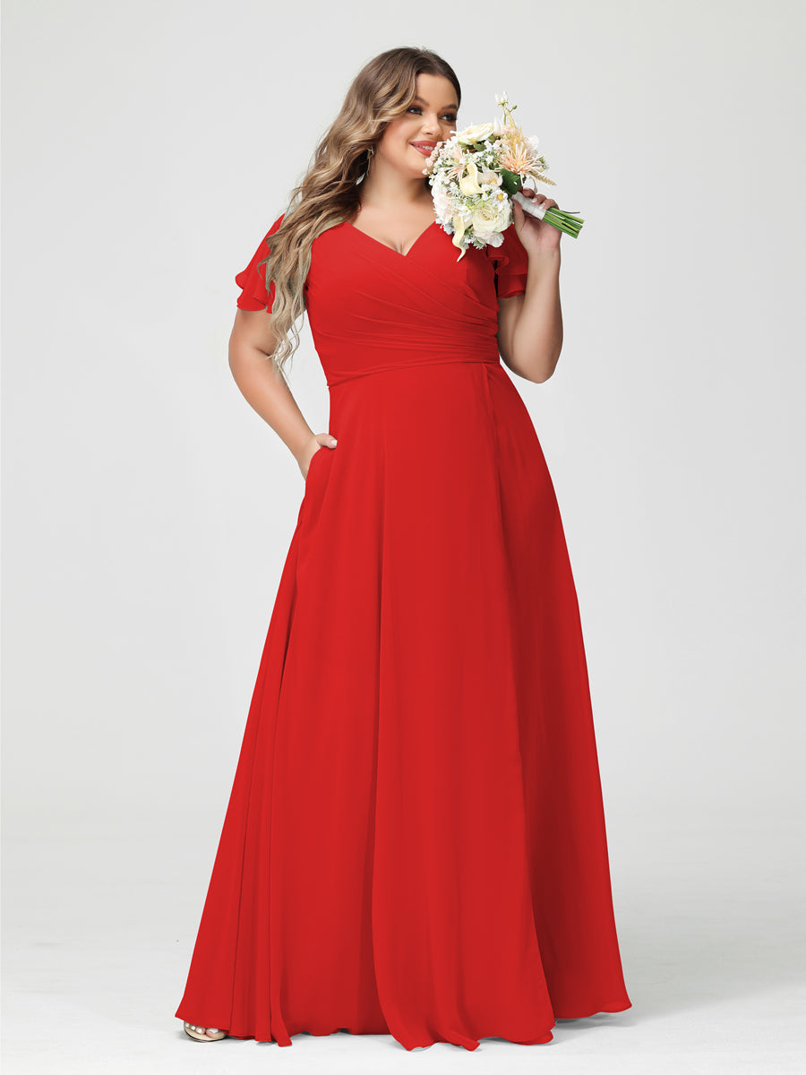 A-Line/Princess V-Neck Short Sleeves Chiffon Split Side Plus Size Bridesmaid Dresses with Pockets Red