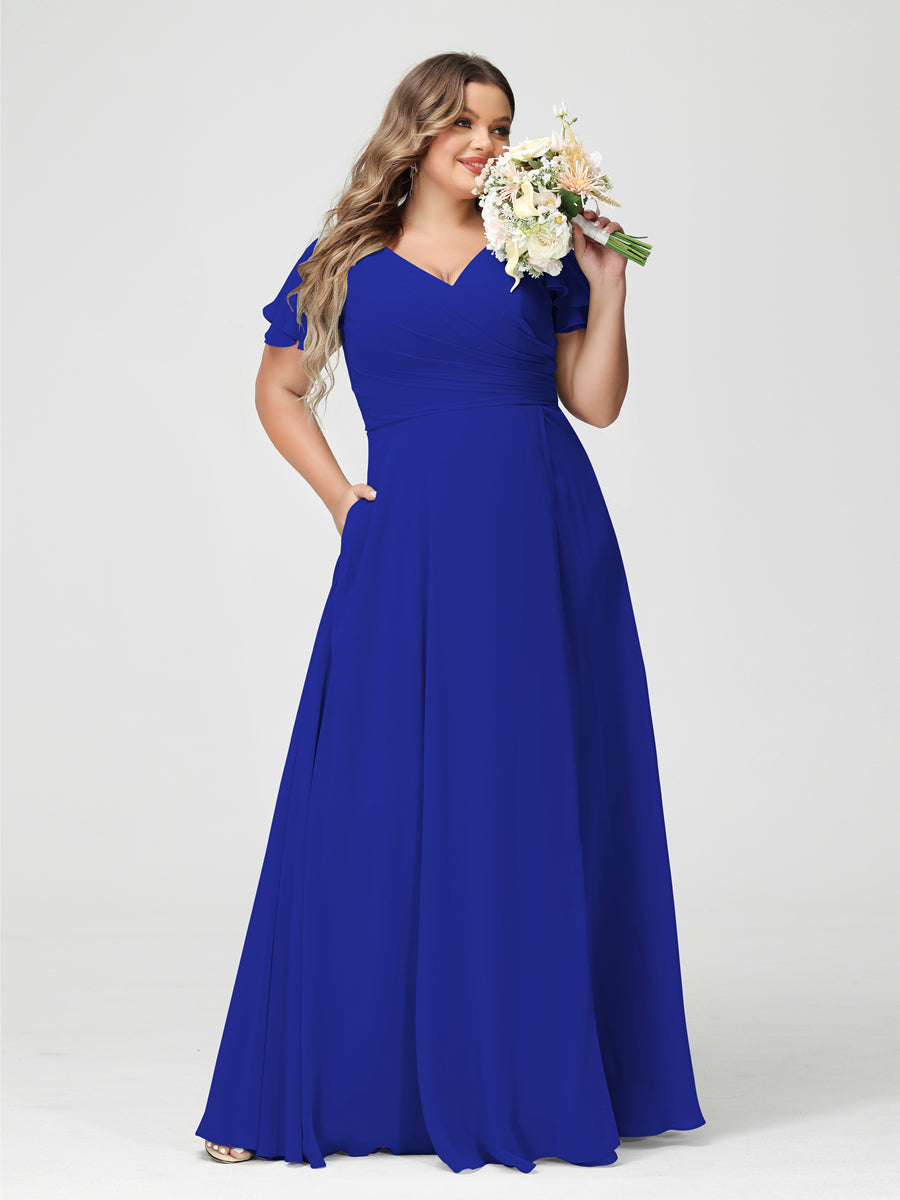 A-Line/Princess V-Neck Short Sleeves Chiffon Split Side Plus Size Bridesmaid Dresses with Pockets Royal Blue