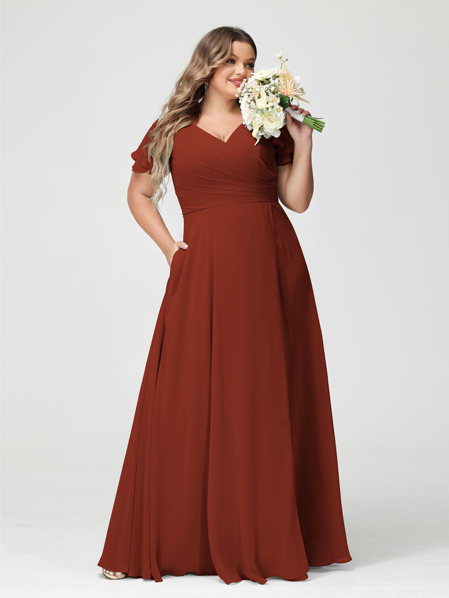 A-Line/Princess V-Neck Short Sleeves Chiffon Split Side Plus Size Bridesmaid Dresses with Pockets Rust
