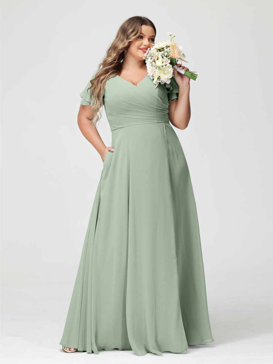 A-Line/Princess V-Neck Short Sleeves Chiffon Split Side Plus Size Bridesmaid Dresses with Pockets Sage