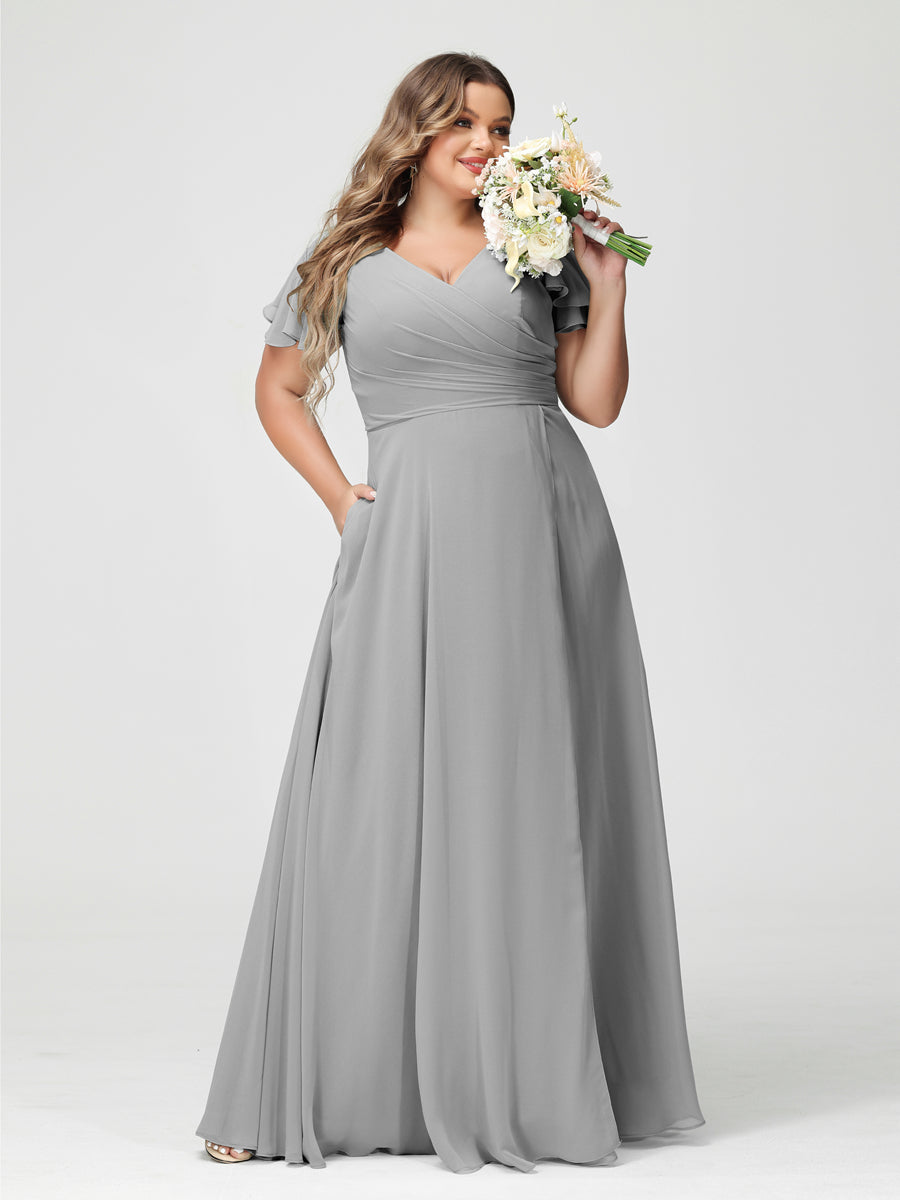 A-Line/Princess V-Neck Short Sleeves Chiffon Split Side Plus Size Bridesmaid Dresses with Pockets Silver