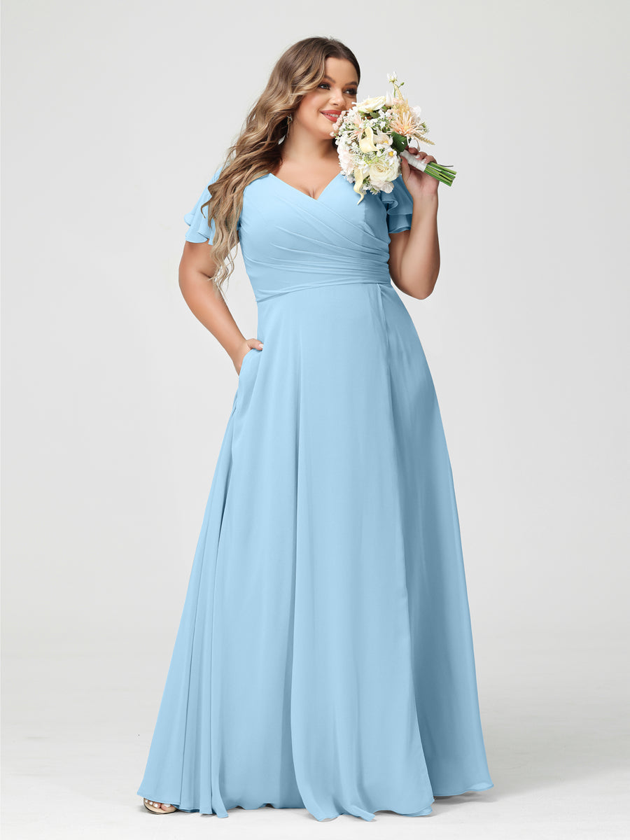 A-Line/Princess V-Neck Short Sleeves Chiffon Split Side Plus Size Bridesmaid Dresses with Pockets Sky Blue