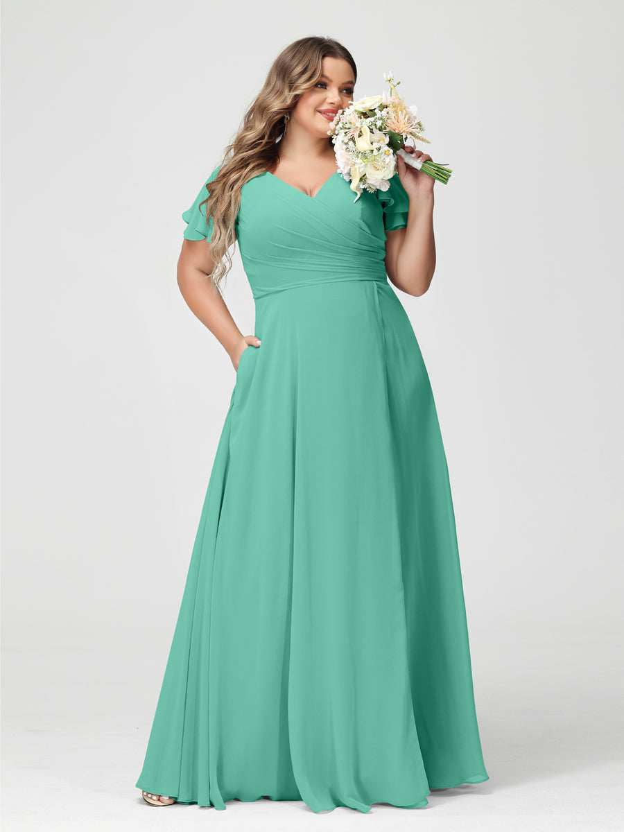 A-Line/Princess V-Neck Short Sleeves Chiffon Split Side Plus Size Bridesmaid Dresses with Pockets Spa