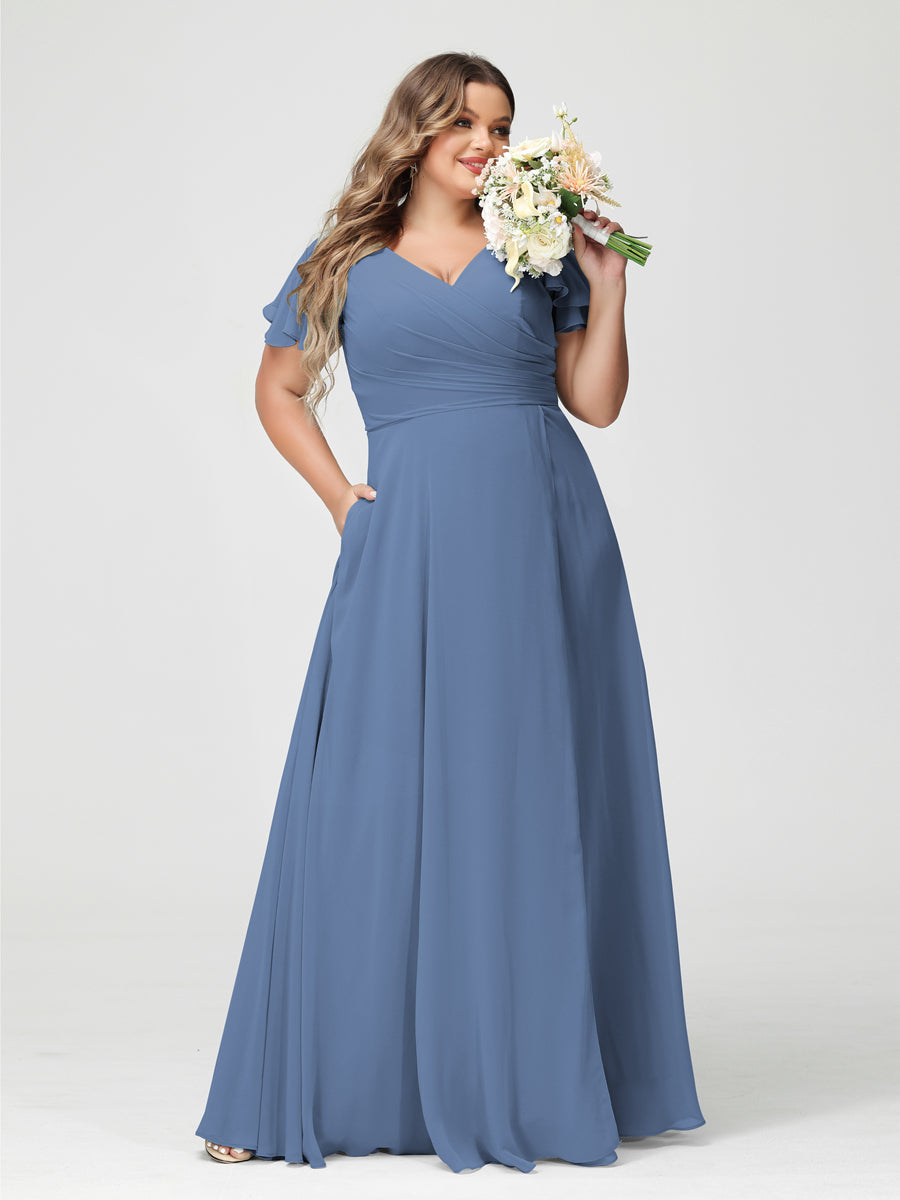 A-Line/Princess V-Neck Short Sleeves Chiffon Split Side Plus Size Bridesmaid Dresses with Pockets Steel Blue