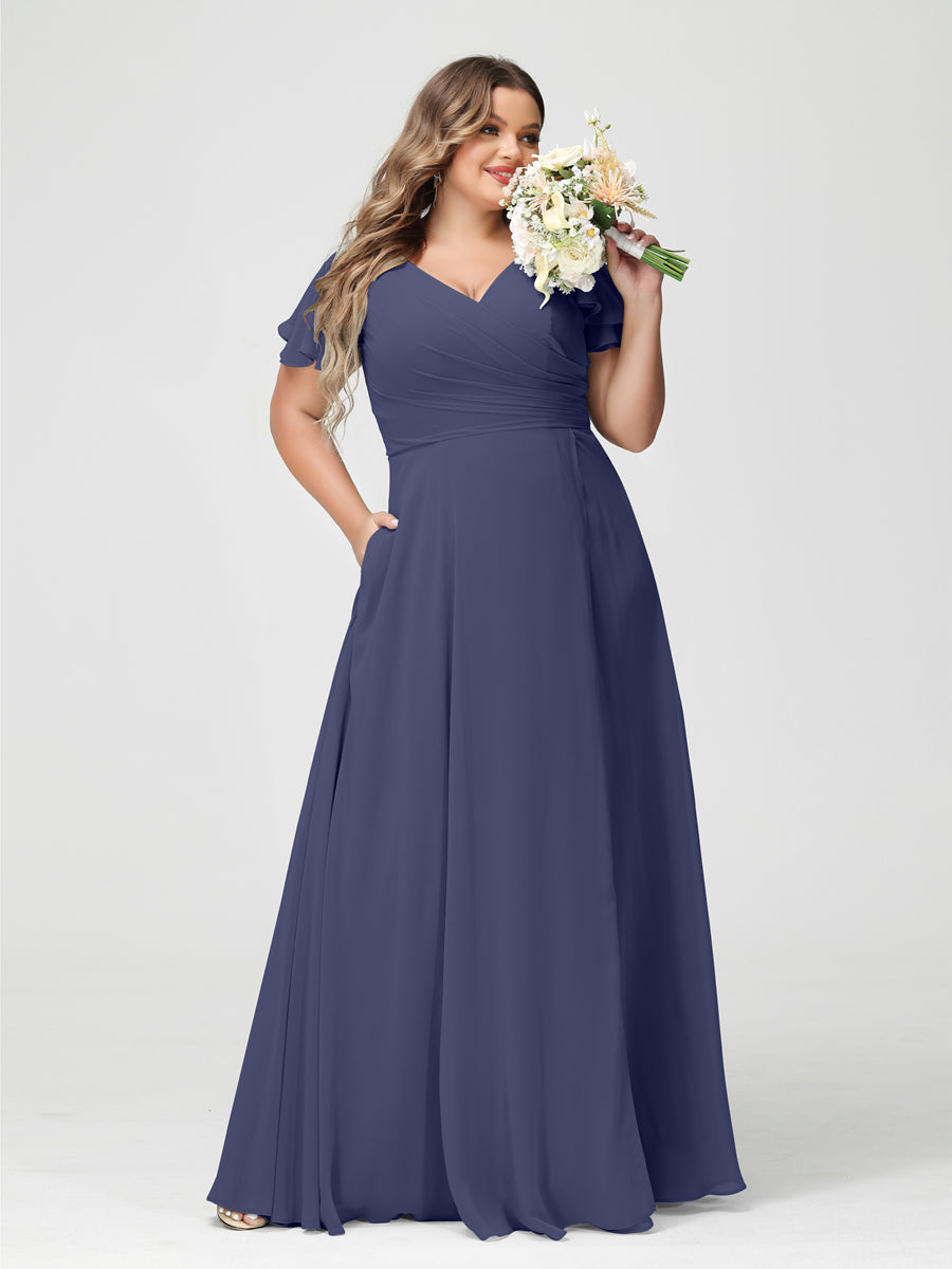 A-Line/Princess V-Neck Short Sleeves Chiffon Split Side Plus Size Bridesmaid Dresses with Pockets Stormy Blue