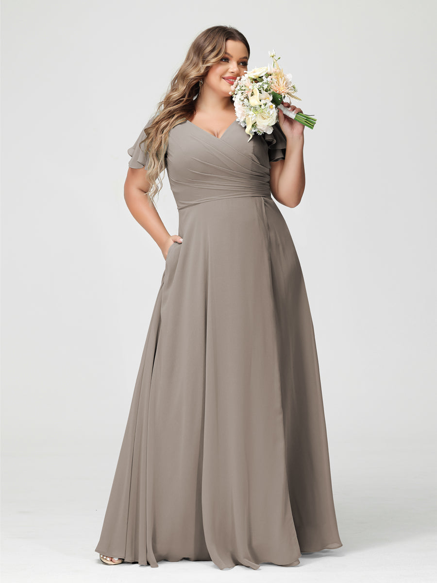 A-Line/Princess V-Neck Short Sleeves Chiffon Split Side Plus Size Bridesmaid Dresses with Pockets Taupe