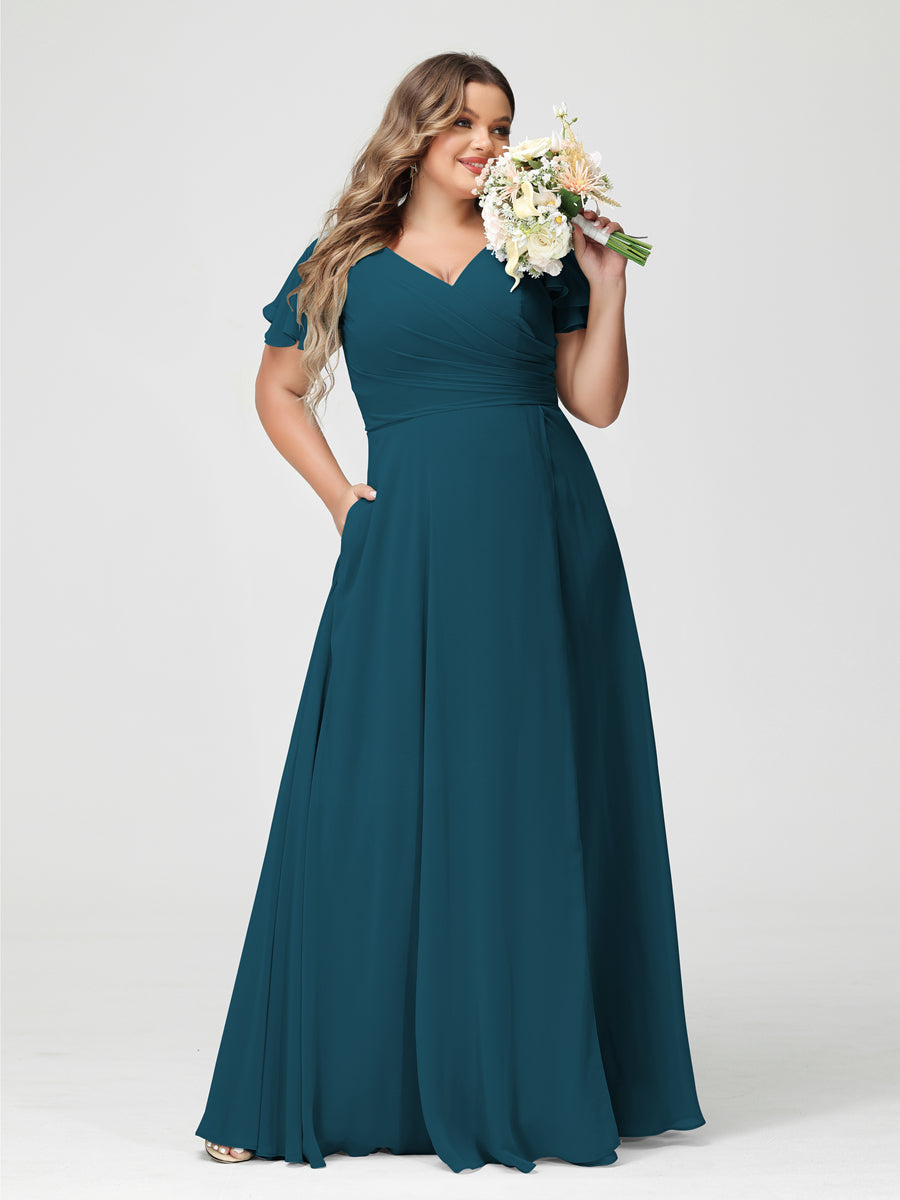 A-Line/Princess V-Neck Short Sleeves Chiffon Split Side Plus Size Bridesmaid Dresses with Pockets Teal