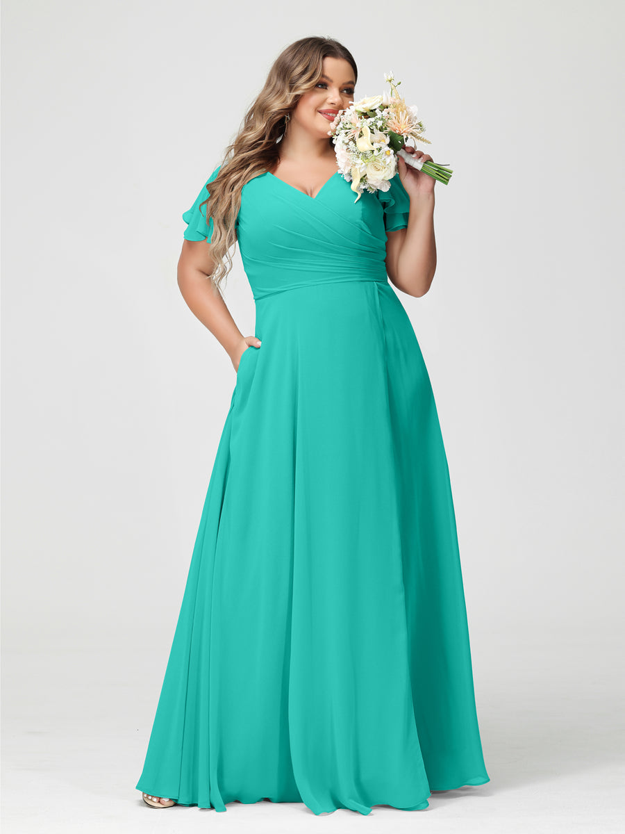 A-Line/Princess V-Neck Short Sleeves Chiffon Split Side Plus Size Bridesmaid Dresses with Pockets Turquoise