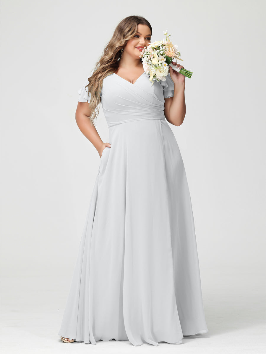 A-Line/Princess V-Neck Short Sleeves Chiffon Split Side Plus Size Bridesmaid Dresses with Pockets White