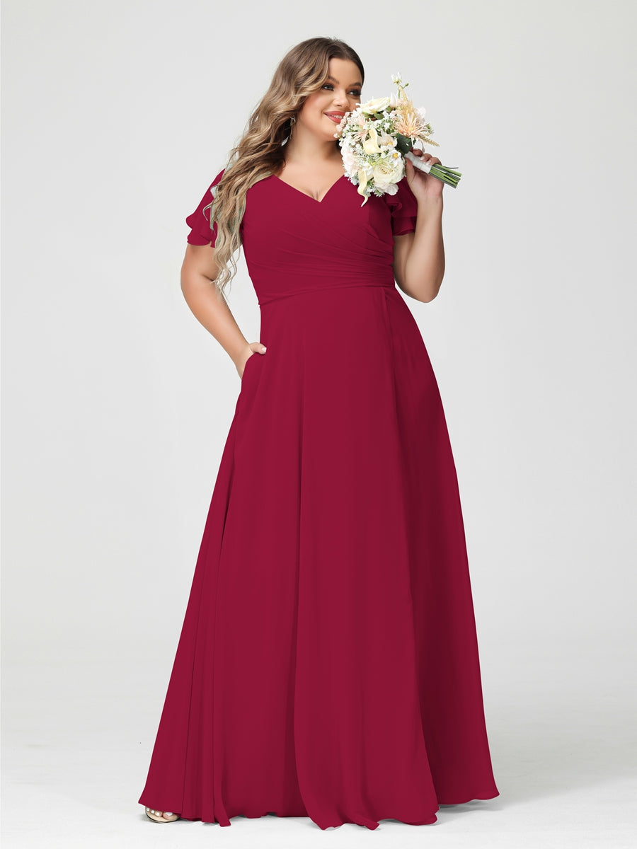 A-Line/Princess V-Neck Short Sleeves Chiffon Split Side Plus Size Bridesmaid Dresses with Pockets Wine Red