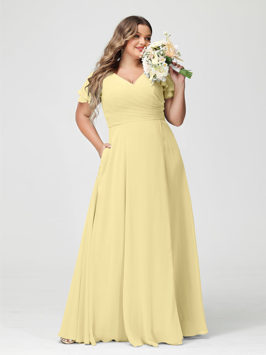 A-Line/Princess V-Neck Short Sleeves Chiffon Split Side Plus Size Bridesmaid Dresses with Pockets Yellow