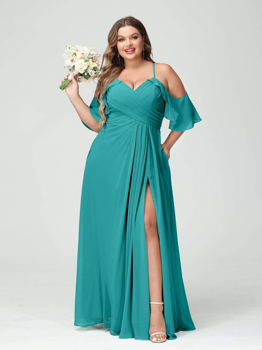 A-Line/Princess Spaghetti Straps Short Sleeves Chiffon Ruched Split Side Plus Size Bridesmaid Dresses with Pockets Aqua Blue