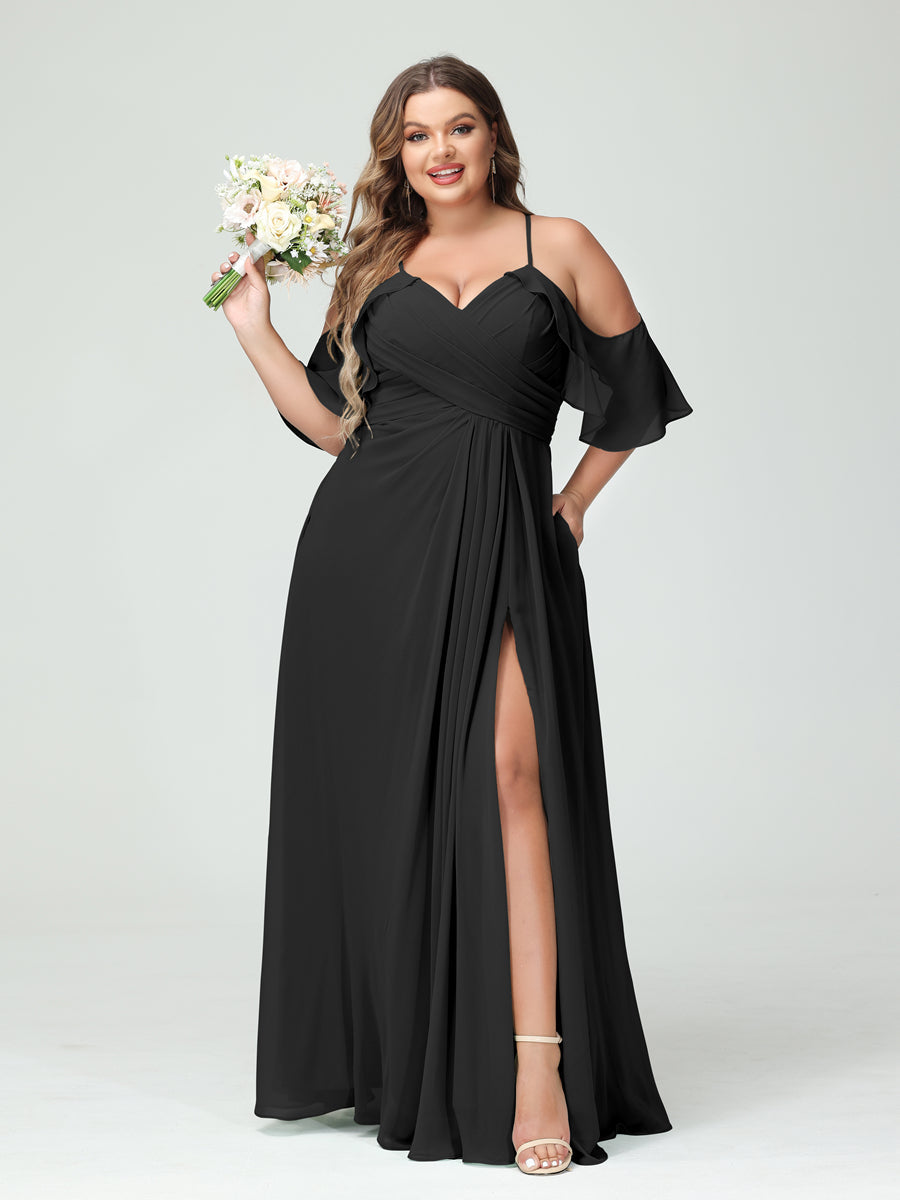 A-Line/Princess Spaghetti Straps Short Sleeves Chiffon Ruched Split Side Plus Size Bridesmaid Dresses with Pockets Black