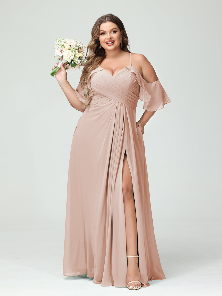 A-Line/Princess Spaghetti Straps Short Sleeves Chiffon Ruched Split Side Plus Size Bridesmaid Dresses with Pockets Blush Pink