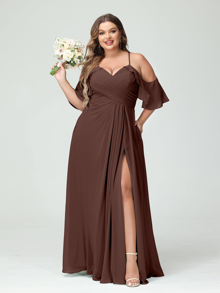 A-Line/Princess Spaghetti Straps Short Sleeves Chiffon Ruched Split Side Plus Size Bridesmaid Dresses with Pockets Brown