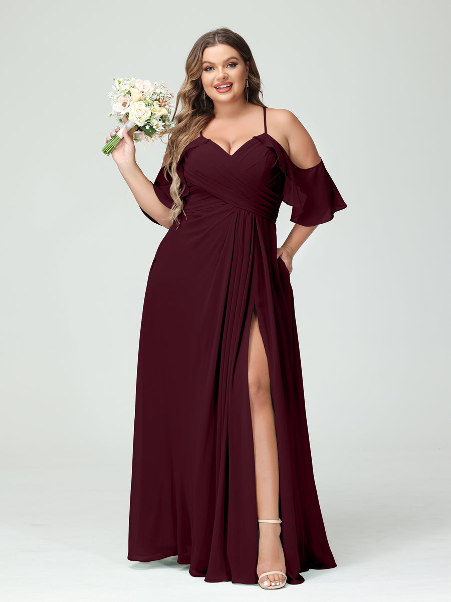 A-Line/Princess Spaghetti Straps Short Sleeves Chiffon Ruched Split Side Plus Size Bridesmaid Dresses with Pockets Burgundy