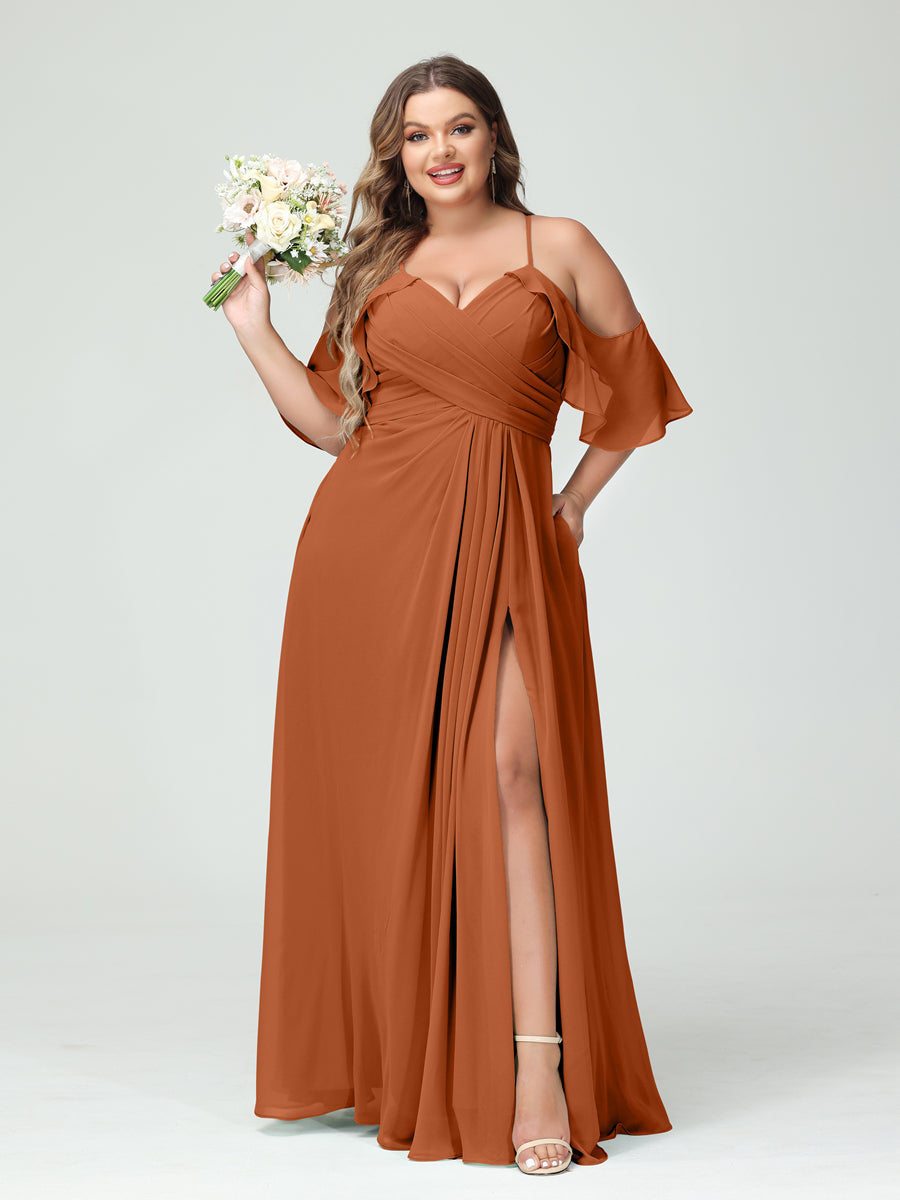 A-Line/Princess Spaghetti Straps Short Sleeves Chiffon Ruched Split Side Plus Size Bridesmaid Dresses with Pockets Burnt Orange