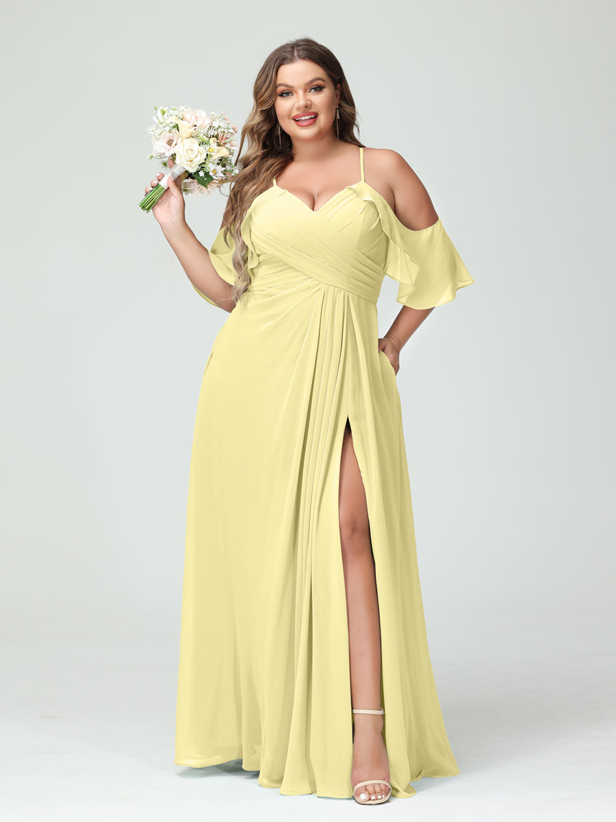 A-Line/Princess Spaghetti Straps Short Sleeves Chiffon Ruched Split Side Plus Size Bridesmaid Dresses with Pockets Canary