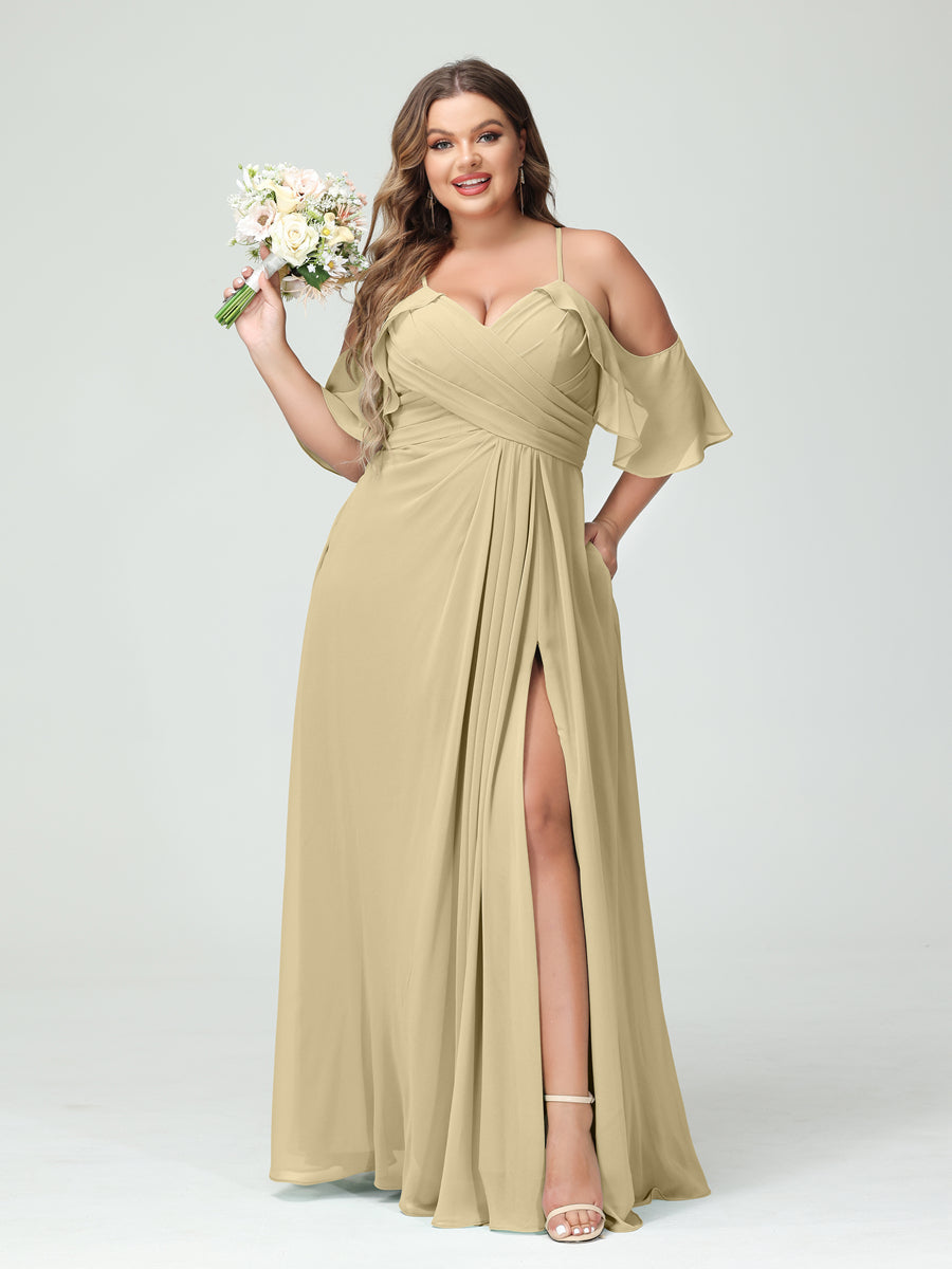 A-Line/Princess Spaghetti Straps Short Sleeves Chiffon Ruched Split Side Plus Size Bridesmaid Dresses with Pockets Champagne