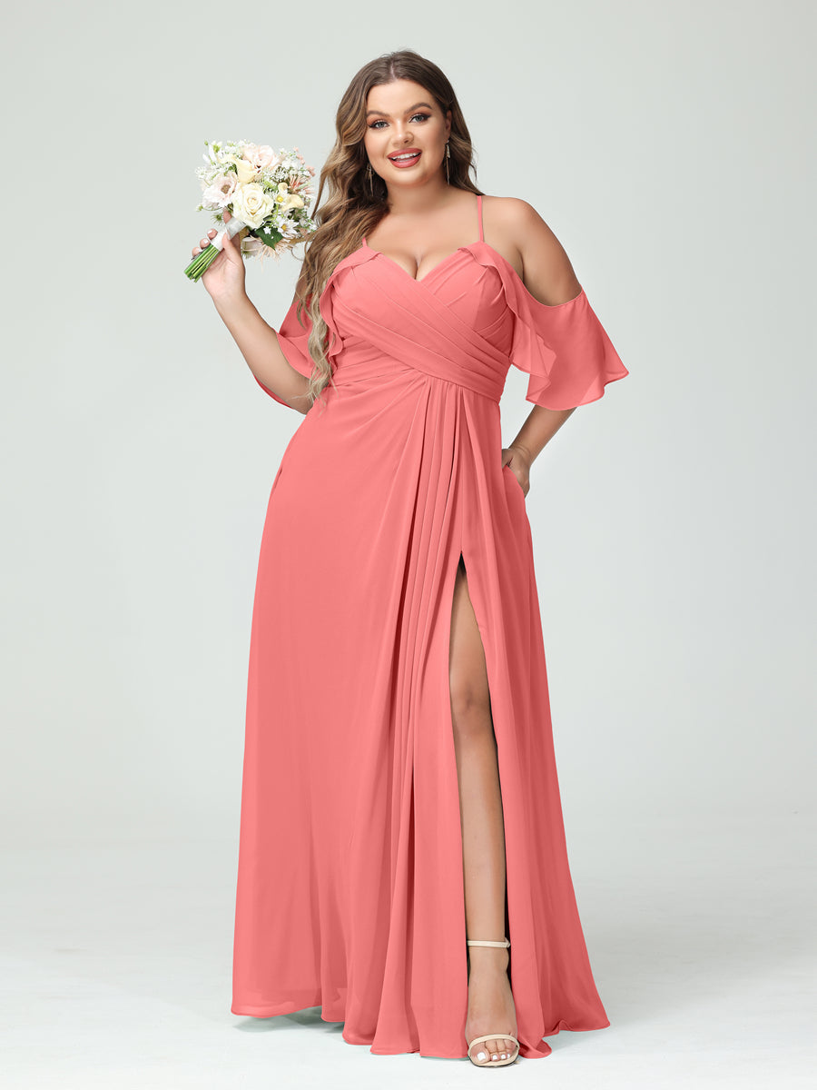 A-Line/Princess Spaghetti Straps Short Sleeves Chiffon Ruched Split Side Plus Size Bridesmaid Dresses with Pockets Coral
