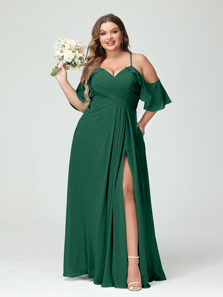 A-Line/Princess Spaghetti Straps Short Sleeves Chiffon Ruched Split Side Plus Size Bridesmaid Dresses with Pockets Dark Green