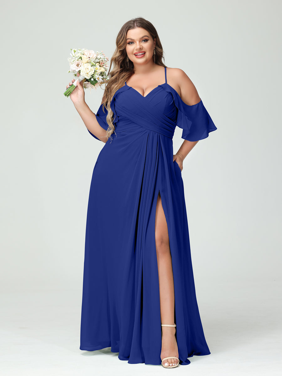 A-Line/Princess Spaghetti Straps Short Sleeves Chiffon Ruched Split Side Plus Size Bridesmaid Dresses with Pockets Dark Royal Blue