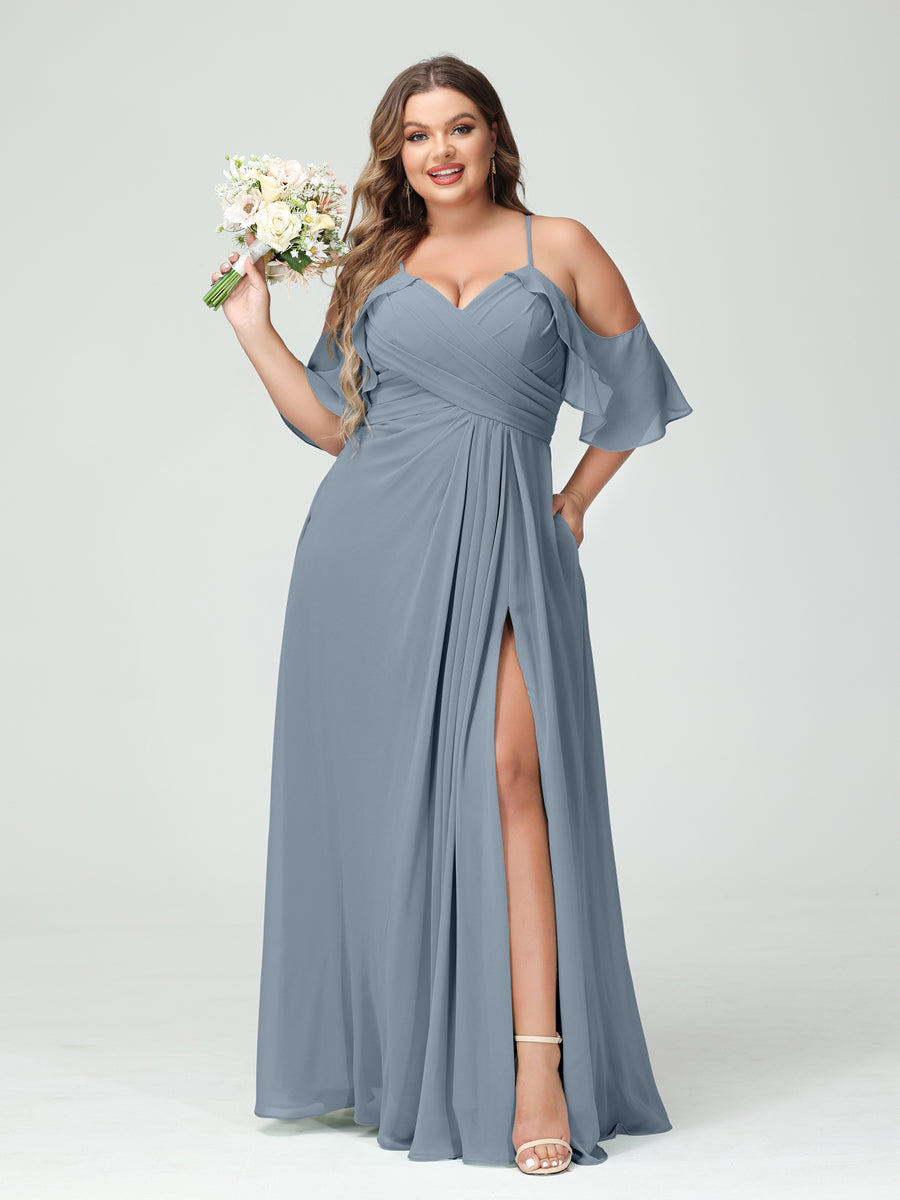 A-Line/Princess Spaghetti Straps Short Sleeves Chiffon Ruched Split Side Plus Size Bridesmaid Dresses with Pockets Dusty Blue