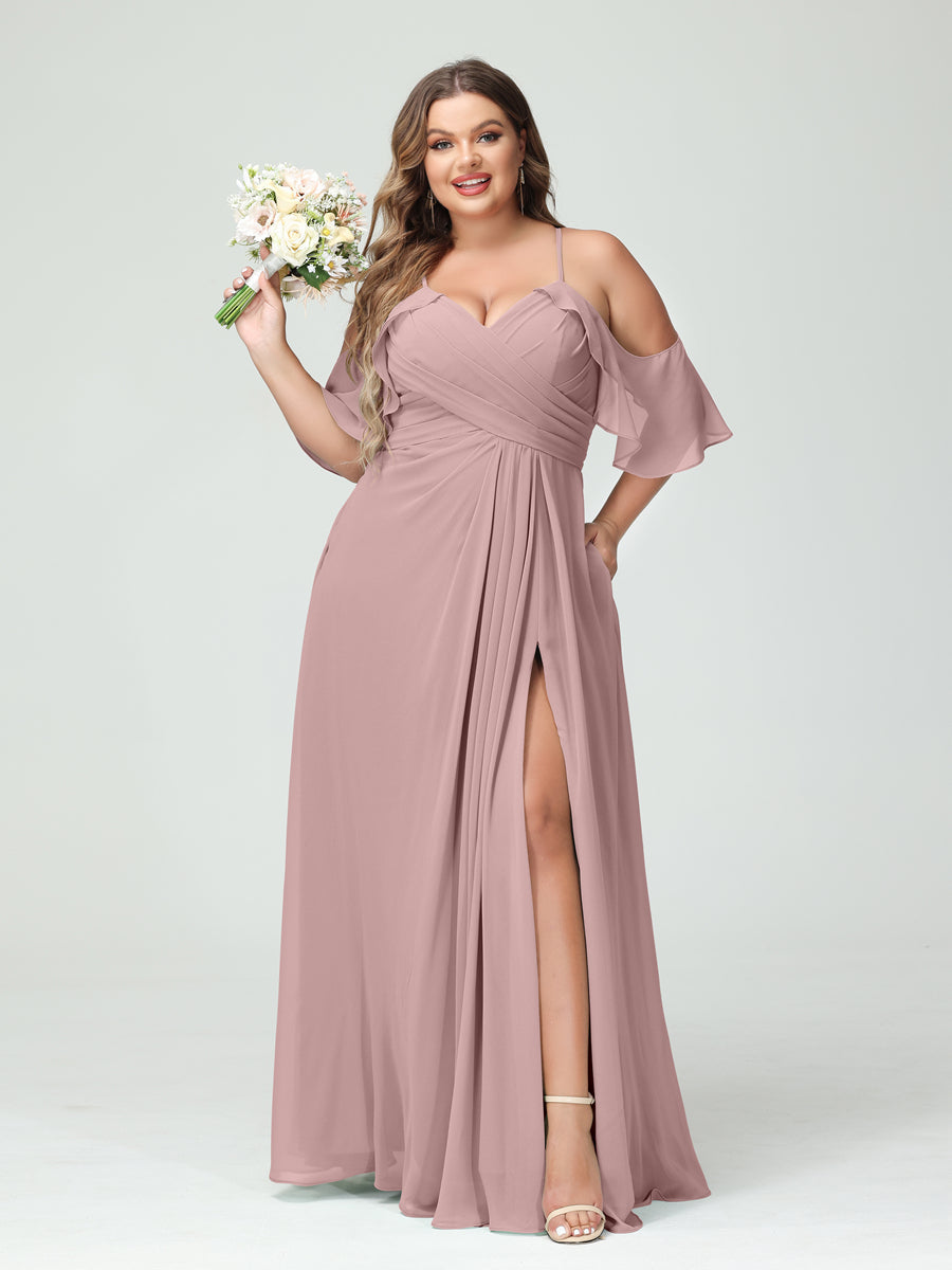 A-Line/Princess Spaghetti Straps Short Sleeves Chiffon Ruched Split Side Plus Size Bridesmaid Dresses with Pockets Dusty Pink