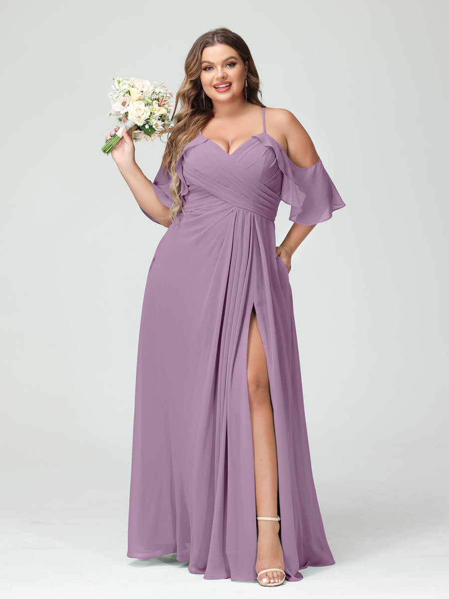 A-Line/Princess Spaghetti Straps Short Sleeves Chiffon Ruched Split Side Plus Size Bridesmaid Dresses with Pockets Dusty Purple