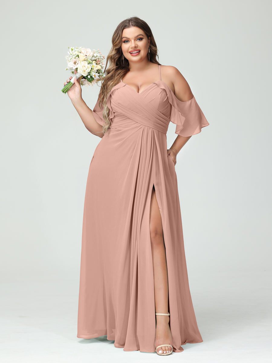 A-Line/Princess Spaghetti Straps Short Sleeves Chiffon Ruched Split Side Plus Size Bridesmaid Dresses with Pockets Dusty Rose
