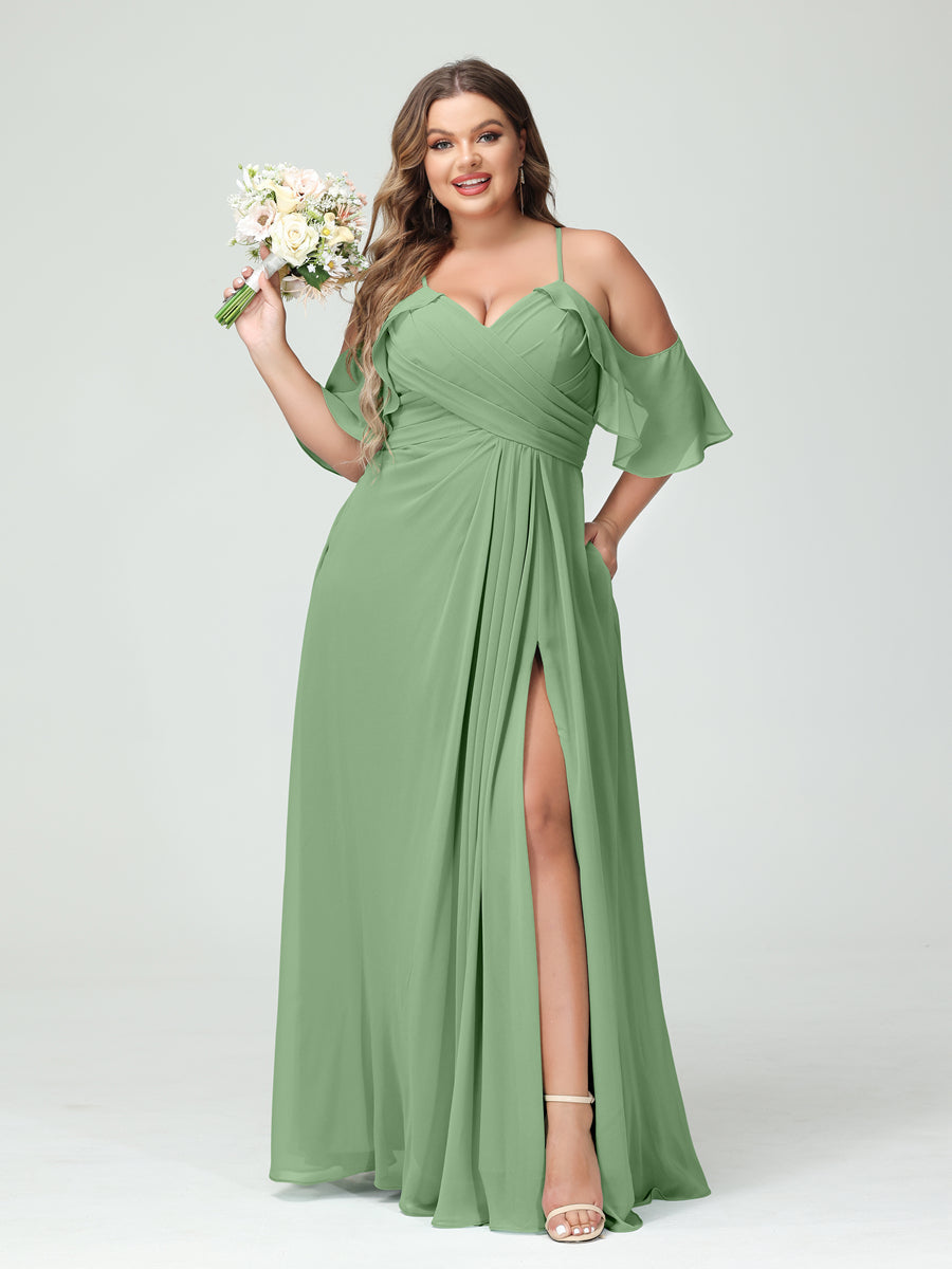 A-Line/Princess Spaghetti Straps Short Sleeves Chiffon Ruched Split Side Plus Size Bridesmaid Dresses with Pockets Dusty Sage
