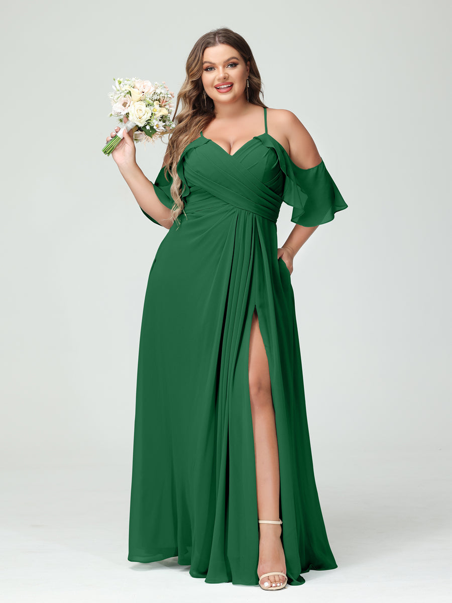 A-Line/Princess Spaghetti Straps Short Sleeves Chiffon Ruched Split Side Plus Size Bridesmaid Dresses with Pockets Emerald