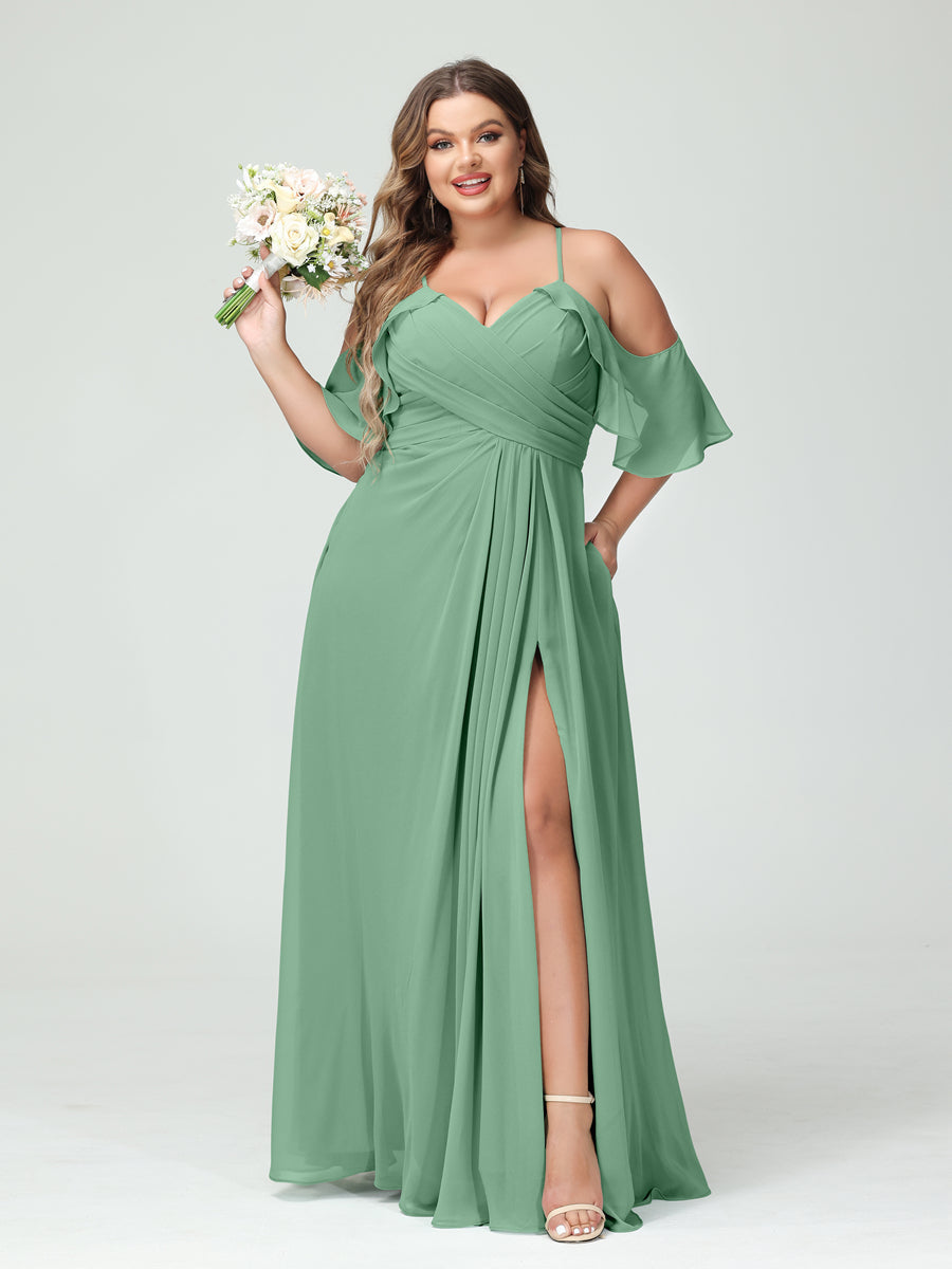 A-Line/Princess Spaghetti Straps Short Sleeves Chiffon Ruched Split Side Plus Size Bridesmaid Dresses with Pockets Eucalyptus