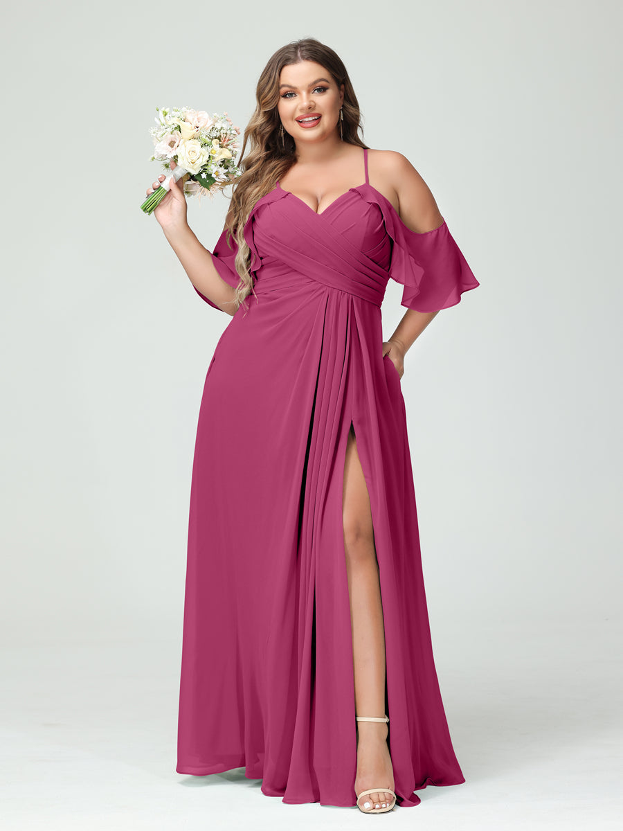 A-Line/Princess Spaghetti Straps Short Sleeves Chiffon Ruched Split Side Plus Size Bridesmaid Dresses with Pockets Fuchsia