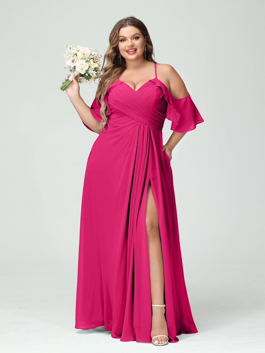 A-Line/Princess Spaghetti Straps Short Sleeves Chiffon Ruched Split Side Plus Size Bridesmaid Dresses with Pockets Fuchsia Pink