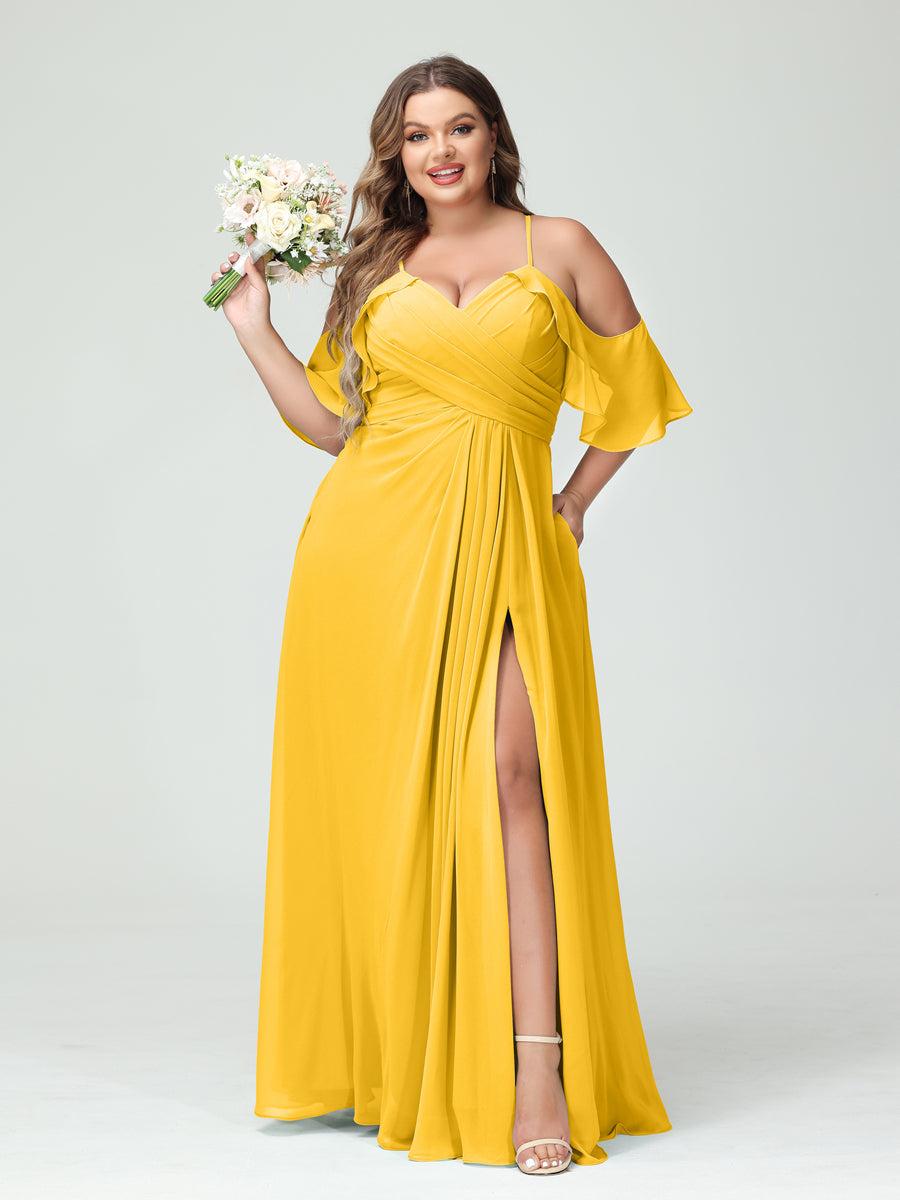 A-Line/Princess Spaghetti Straps Short Sleeves Chiffon Ruched Split Side Plus Size Bridesmaid Dresses with Pockets Gold