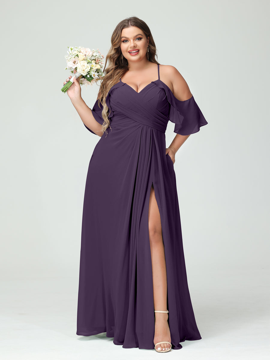 A-Line/Princess Spaghetti Straps Short Sleeves Chiffon Ruched Split Side Plus Size Bridesmaid Dresses with Pockets Grape
