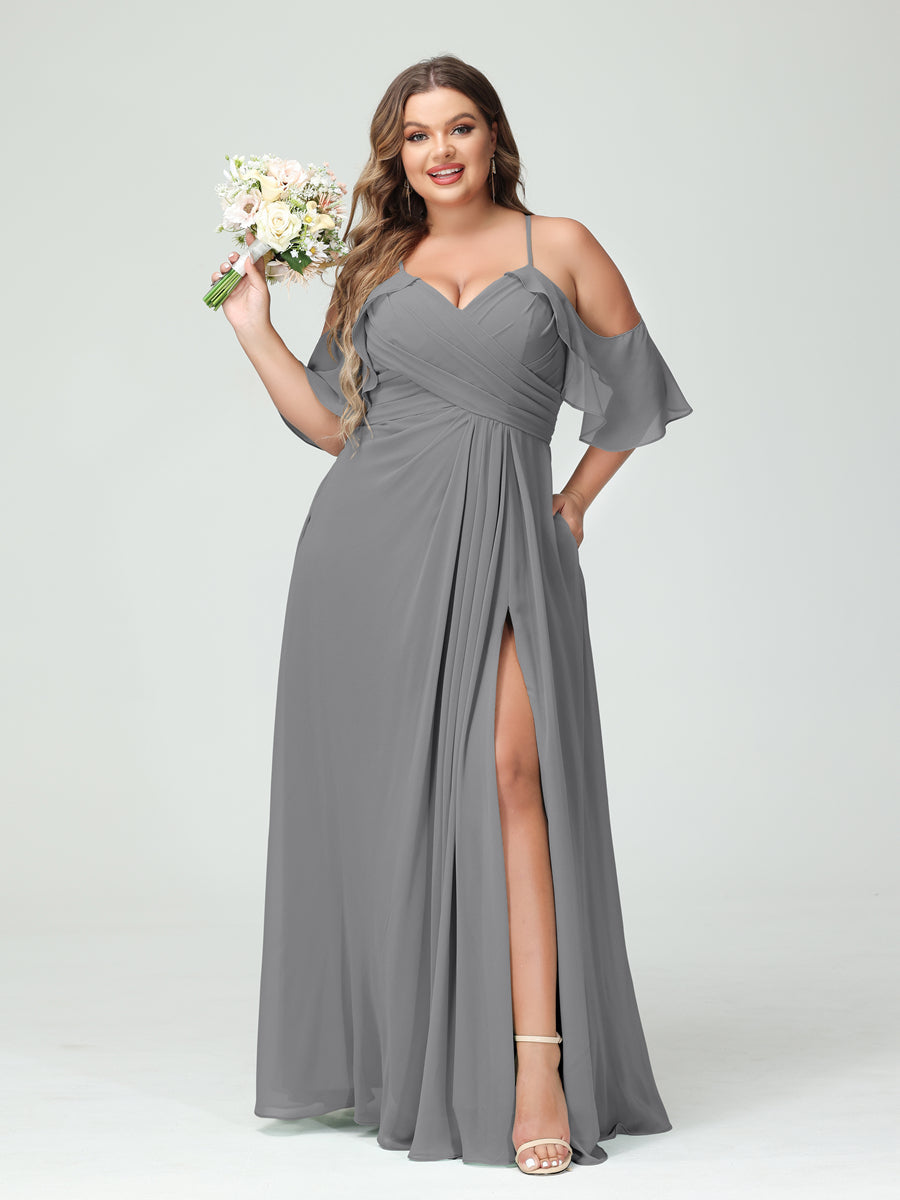 A-Line/Princess Spaghetti Straps Short Sleeves Chiffon Ruched Split Side Plus Size Bridesmaid Dresses with Pockets Gray