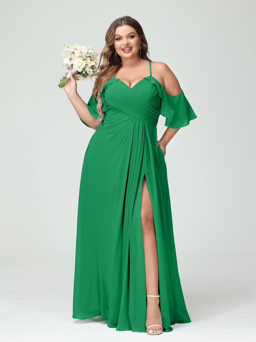 A-Line/Princess Spaghetti Straps Short Sleeves Chiffon Ruched Split Side Plus Size Bridesmaid Dresses with Pockets Green