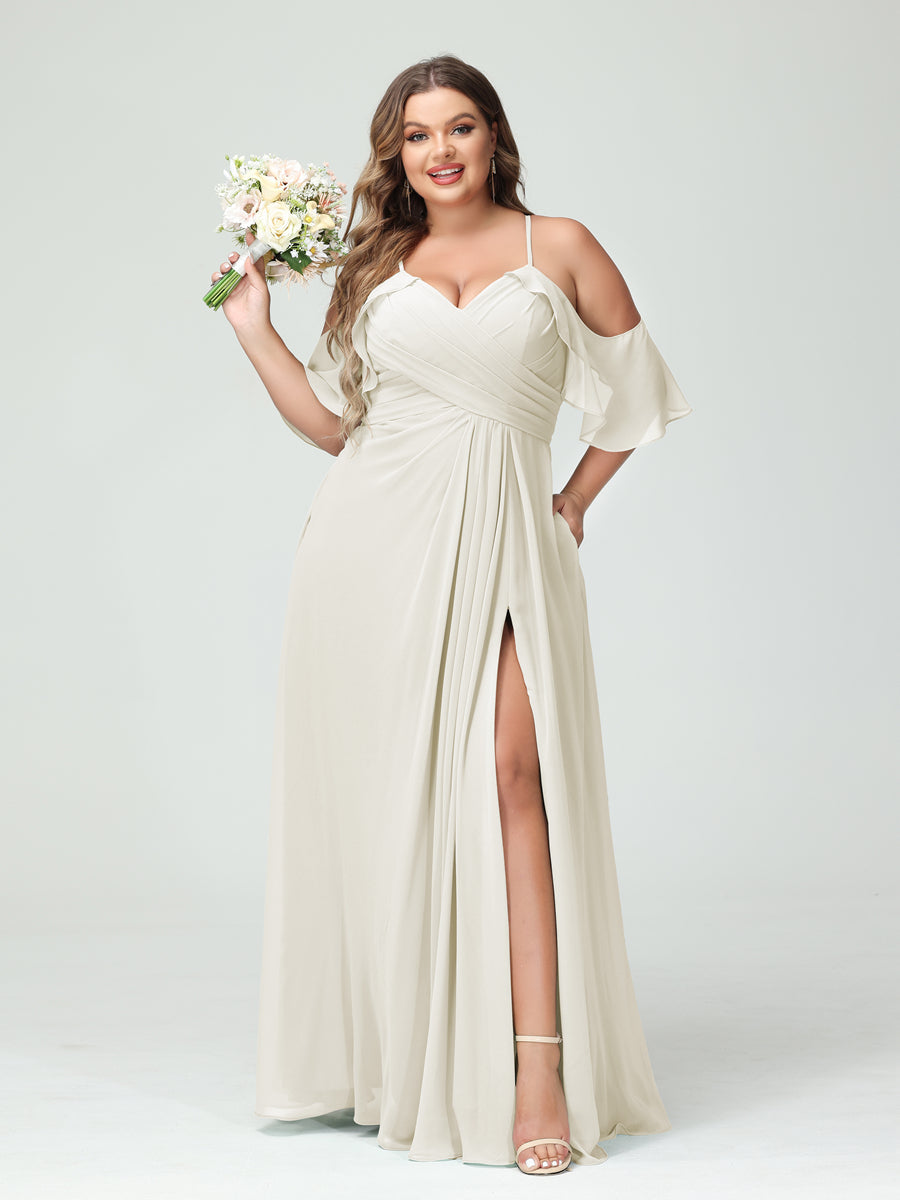 A-Line/Princess Spaghetti Straps Short Sleeves Chiffon Ruched Split Side Plus Size Bridesmaid Dresses with Pockets Ivory