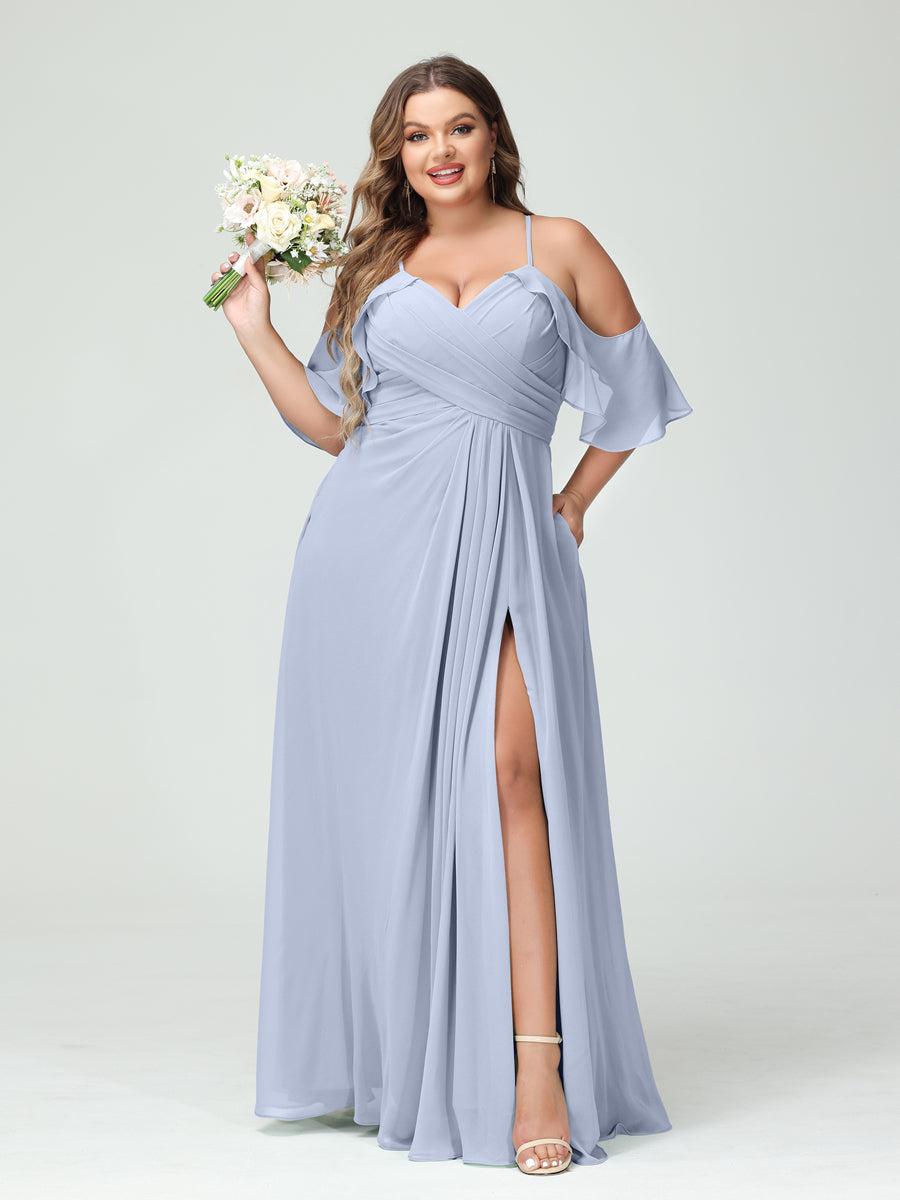 A-Line/Princess Spaghetti Straps Short Sleeves Chiffon Ruched Split Side Plus Size Bridesmaid Dresses with Pockets Lavender