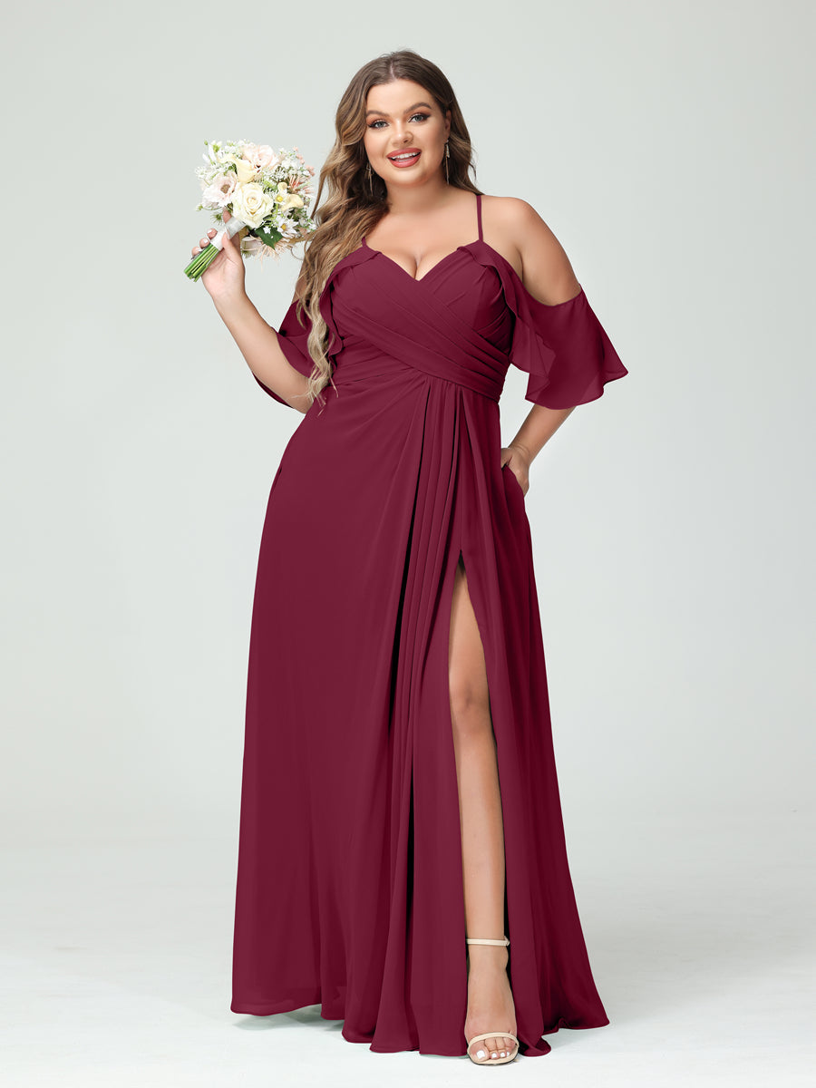 A-Line/Princess Spaghetti Straps Short Sleeves Chiffon Ruched Split Side Plus Size Bridesmaid Dresses with Pockets Light Burgundy