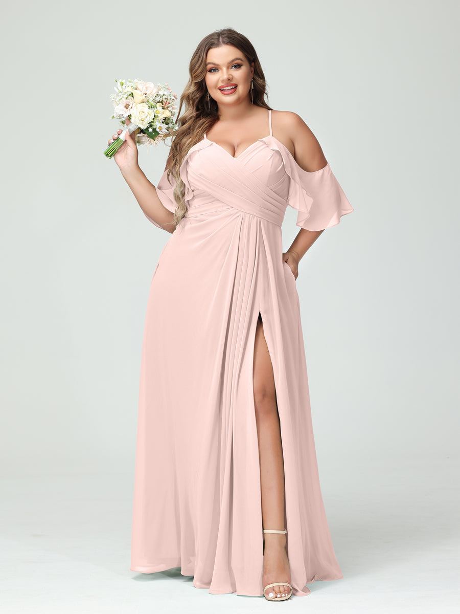 A-Line/Princess Spaghetti Straps Short Sleeves Chiffon Ruched Split Side Plus Size Bridesmaid Dresses with Pockets Light Pink