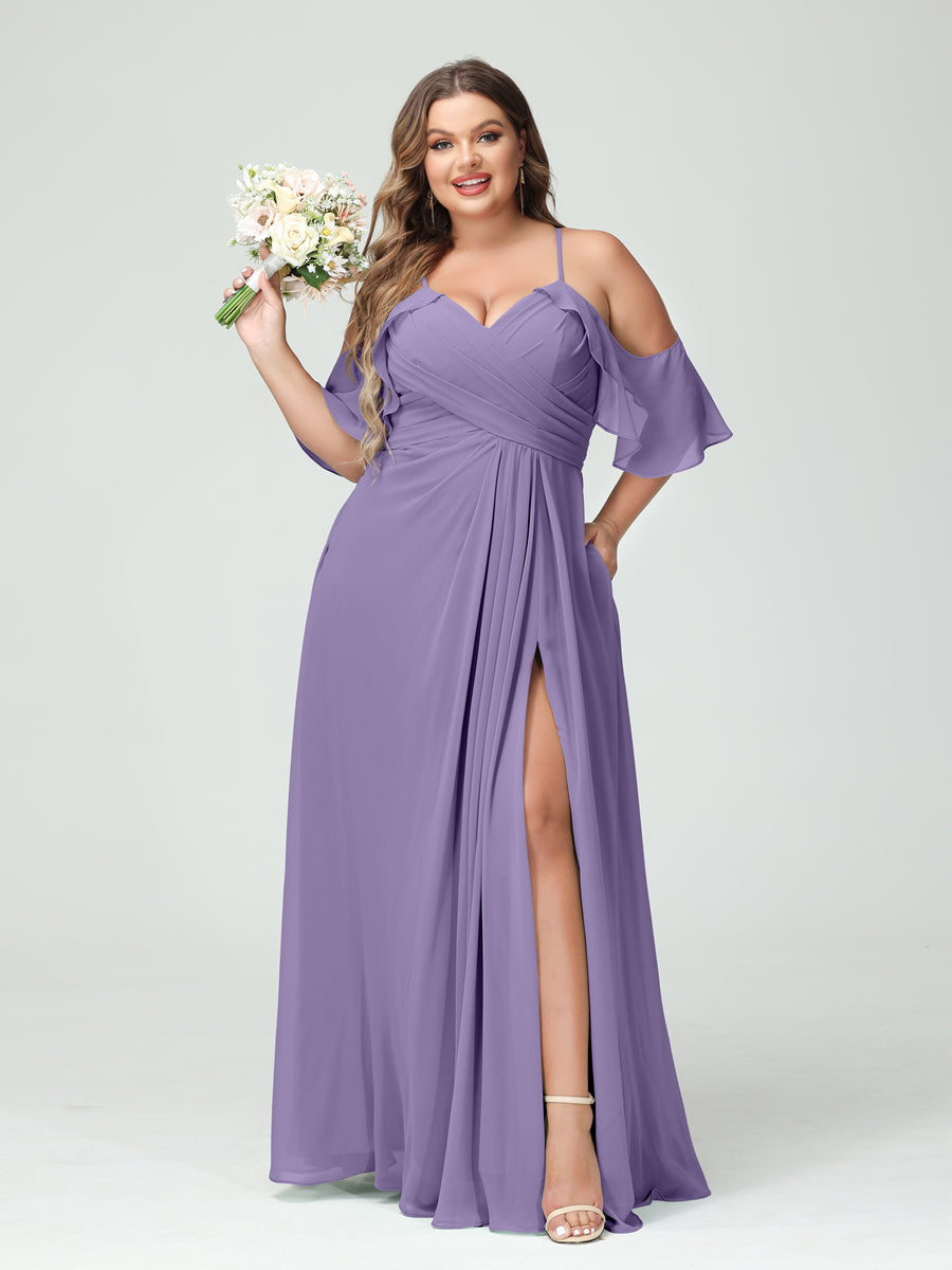 A-Line/Princess Spaghetti Straps Short Sleeves Chiffon Ruched Split Side Plus Size Bridesmaid Dresses with Pockets Light Purple